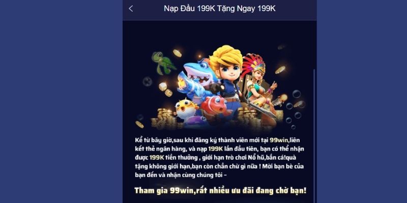 Thưởng thành viên mới khi nạp đầu 199K tặng thêm 199K