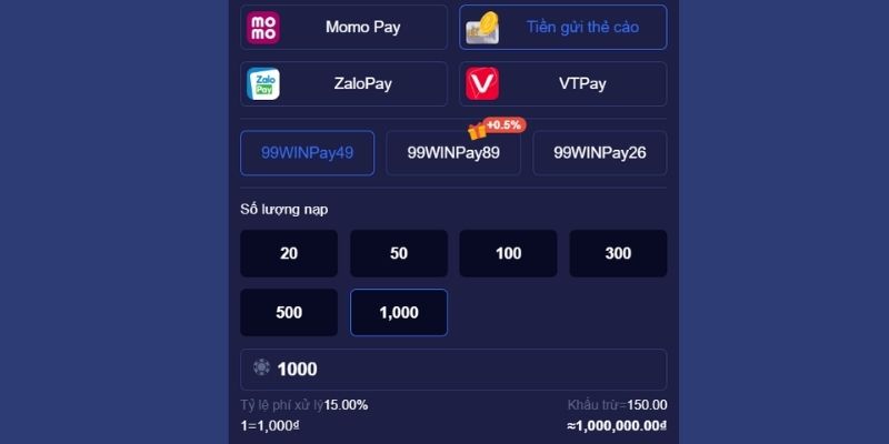 Nạp tiền 99WIN bằng thẻ cào